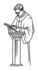Catholic priest reading from lectern – solemn line art clerical illustration