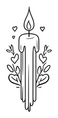 Tall dripping candle with hearts and foliage – whimsical romantic line art icon