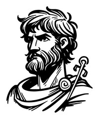 Epic ancient warrior portrait – bearded hero in bold black and white engraving style