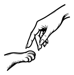 Human hand reaching to dog paw – touching friendship compassion line art icon