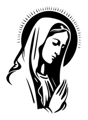 Praying Virgin Mary with radiant halo – bold monochrome sacred illustration