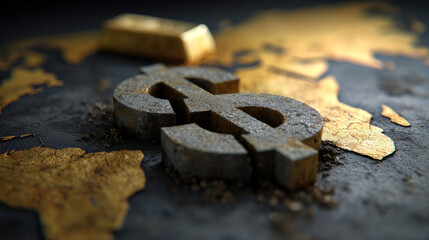 Cracked and fragmented dollar symbol rests on textured surface, surrounded by gold elements, symbolizing economic challenges and wealth. image evokes sense of financial instability and value