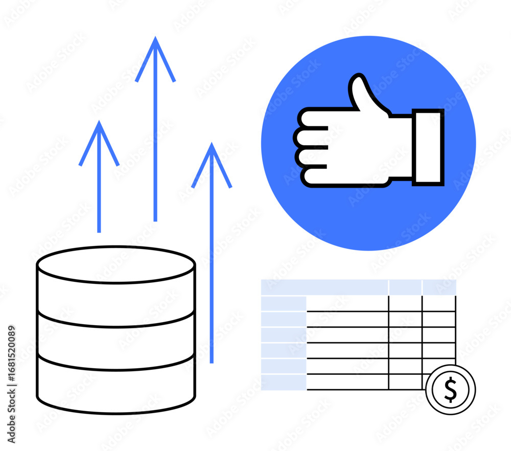 Poster database icon, ascending arrows, thumbs-up in a circle, financial table with dollar sign. ideal for 