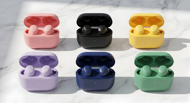 Collection of colorful true‑wireless earbuds in carrying cases on marble surface &mdash; modern tech product lineup