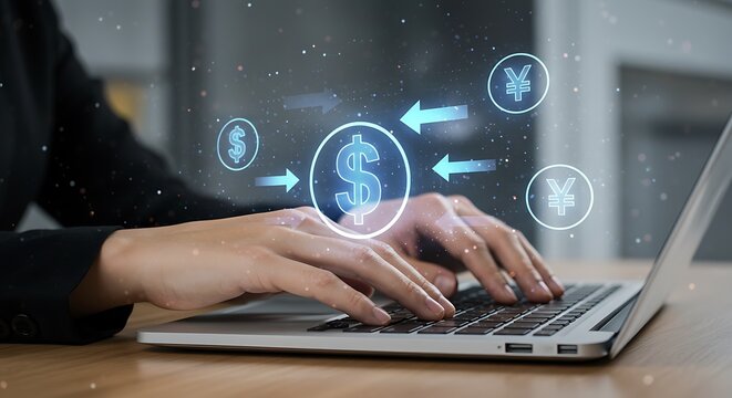 Businesswoman's hands on a laptop conducting online currency exchange with digital dollar and yen symbols.