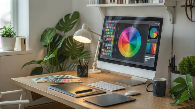 Graphic designer's computer screen showing color wheel and tools.
