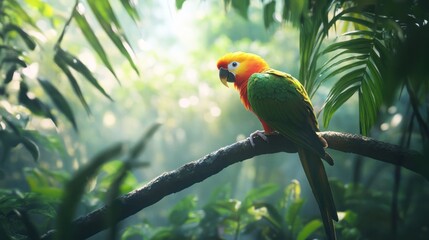 Colorful parrot in lush jungle, sunlight filtering through trees, nature photography, use in educational materials or nature publications