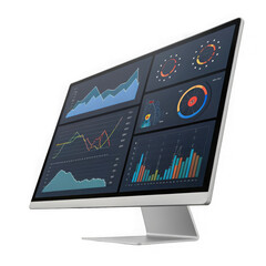 Modern computer monitor displaying complex financial data and charts isolated on transparent background
