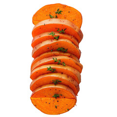 Stack of sliced sweet potato rounds seasoned with herbs isolated on transparent background