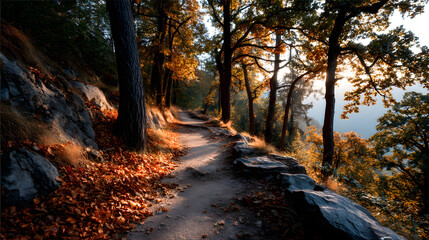 Obraz premium Autumn trees with golden leaves lining a mountain tril under the soft glow of arm sunlight.