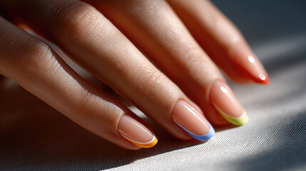 Elegant female hand with beautifully manicured nails featuring colorful tips red, blue, yellow, and green. soft lighting highlights smooth skin and polished finish, creating vibrant and stylish