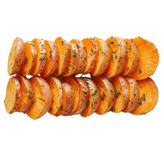 Two rows of seasoned sweet potato slices isolated on transparent background