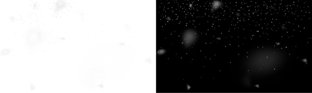 Snowflakes falling on a black background, isolated snowfall effect, festive Christmas background, white snow overlay for photo editing. PNG format. Realistic winter atmosphere.