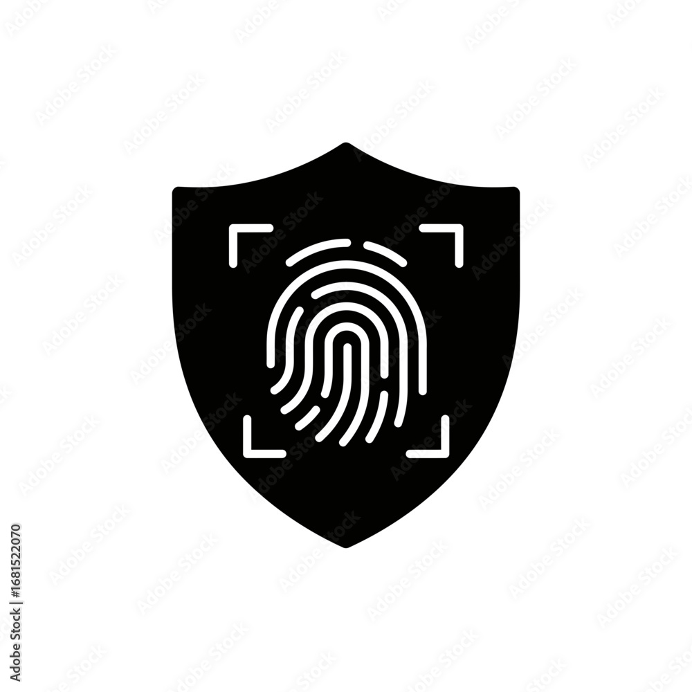 Poster digital security shield: a digital fingerprint, encased within a protective shield, signifies robust
