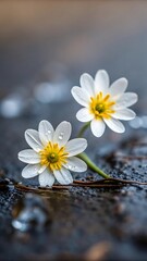 Obraz premium Delicate white spring flowers with yellow centers on wet surface