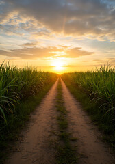 sunset on the beach, Vibrant sugarcane field at sunset, with rich green stalks lining dirt road leading towards setting sun. Warm sunlight filters through tall grass, creating dramatsu,set on the road