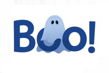 Blue Boo! Halloween Ghost Illustration with Exclamation Mark on a Light Blue Background