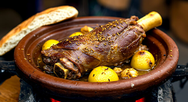 Morocco &ndash; Tangia (Clay Pot Slow-Cooked Lamb). lamb shanks with preserved lemon and garlic, cooked in clay pot on charcoal embers 
