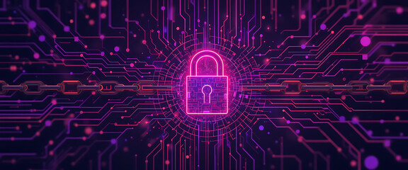 Abstract Halloween data accessories theme cyber security system with digital 4d locks on the middle attached with block chain technology, in dark purple and violet pink with golden outlines colors mul