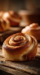 Fototapeta premium Close-up of a cinnamon roll on a rustic wooden surface. Several other rolls are softly blurred in the background. The roll is golden-brown, showing a spiral pattern of cinnamon