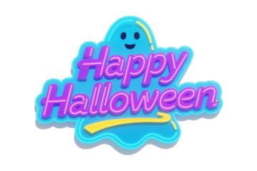 Cartoon Happy Halloween Sign with Ghost Shape Blue Purple and Yellow Color Scheme