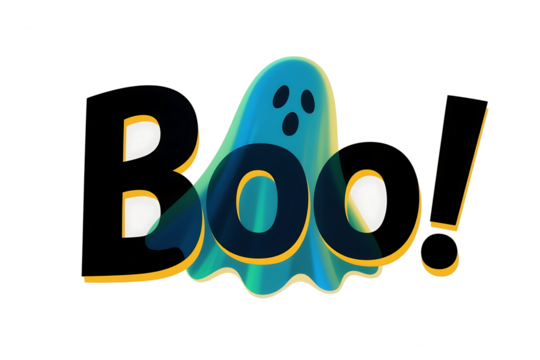 Halloween Boo! Text with a Blue Ghost Illustration on a White and Gray Background