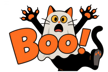 Halloween Cat Ghost with Orange B O O! Text and Exclamation Mark on White Background