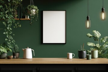 Empty frame on dark green wall, plants, kitchen