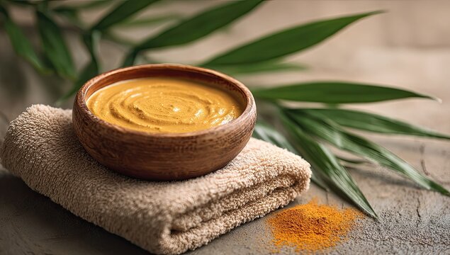 Wooden bowl of golden facial mask, spa setting