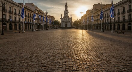 Obraz premium Sunset Over Historic Plaza with Monument and Flags in Quiet Urban Setting