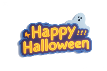 Happy Halloween Text with Ghost Illustration in Yellow and Blue Colors on White Background