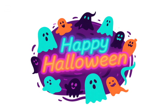 Happy Halloween graphic with teal, orange, and black ghosts around a purple circle with neon text