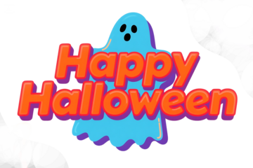Happy Halloween Text with Ghost Illustration on Abstract Background in Orange and Blue Colors