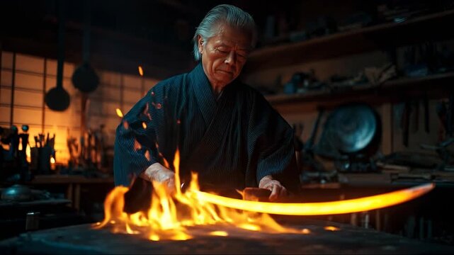 AI Empowered Micro Jobs: Master Bladesmith Forging a Glowing Katana in a Traditional Japanese Workshop.