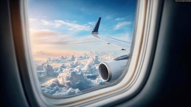 Airplane wing and engine visible through a window above a cloudscape with a blue sky and soft light during flight