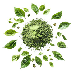 Fresh basil leaves arranged in a circle around dried basil powder isolated on transparent background
