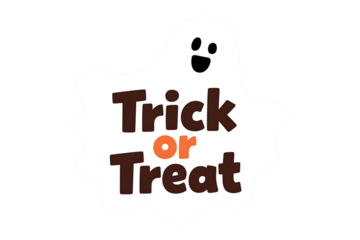 White ghost with black eyes and mouth holding brown and orange Trick or Treat text on blue