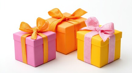 Obraz premium Three brightly colored gift boxes, each with a matching ribbon bow. Orange, pink, and yellow boxes stand out against a plain white background