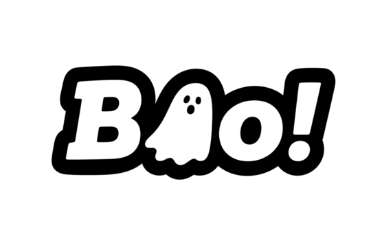 White Boo! Text with Ghost Icon and Black Outline on a Transparent Background for Halloween