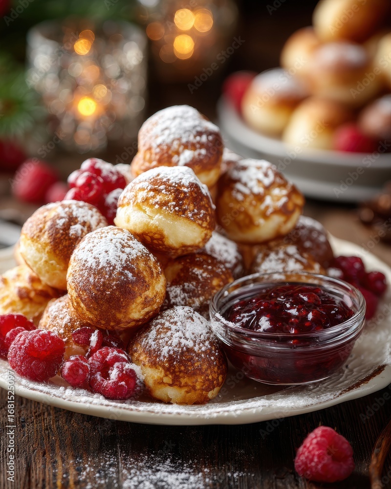 Aufkleber aebleskiver stack with raspberry jam and fresh raspberries on a rustic wooden table in a warm light 