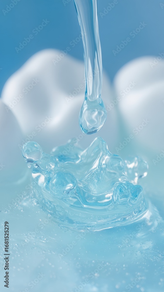 Poster water droplet falling into pool of liquid creating splash in studio close up shot with blue backgrou