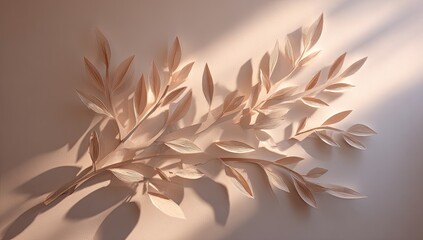 Light beige, 3D leaves on a branch.  Soft sunlight casts shadows