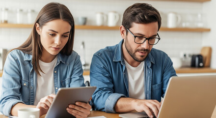 Couple working together on laptop and tablet in kitchen setting, showcasing collaboration and teamwork, ideal for business or technology concepts
