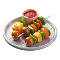 3d vegetable skewers with ketchup isolated on transparent background