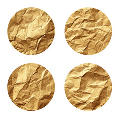Four circular, crumpled, light golden-brown paper textures