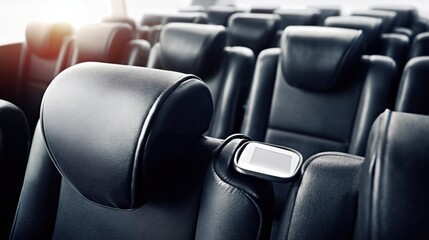 Fototapeta premium Rows of dark leather seats with attached screens fill the frame showcasing interior comfort and premium travel features
