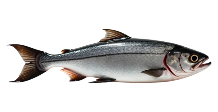 Fresh whole salmon fish isolated on transparent background for seafood cuisine, healthy nutrition, culinary and cooking concepts