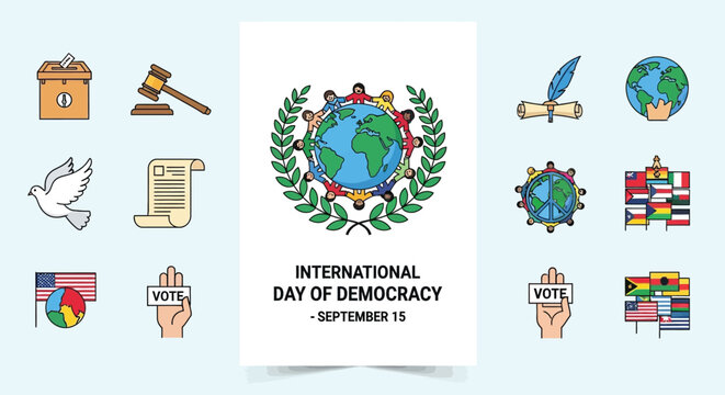 International day of democracy poster with icons representing voting and global unity theme on light blue background