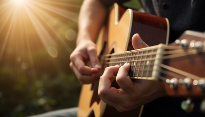 Fototapeta premium Close-Up of Hands Playing Acoustic Guitar with Sunlight and Nature Background