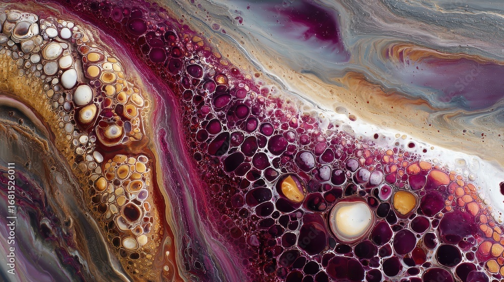 Poster Abstract Fluid Art Close Up View of Acrylic Pouring Technique Creates Unique Cell Structures and Patterns